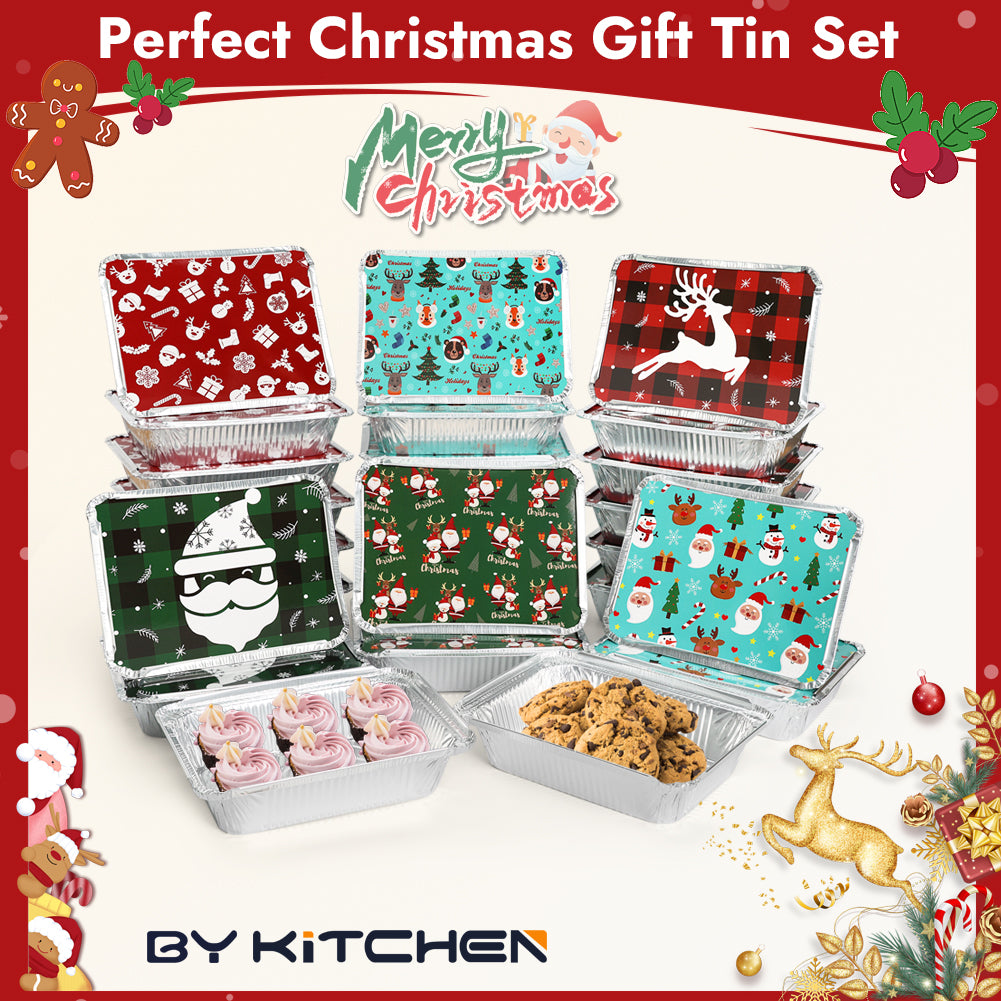 BYKITCHEN 30PCS Foil Trays with Lids for Christmas, 21x16x5cm Foil Food Containers with Lids, Tin Foil Trays, Disposable Foil Food Trays, Christmas Accessories for Baking/Roasting & Holiday Gifting