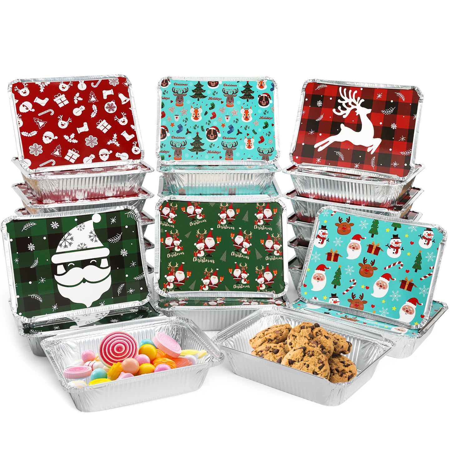 BYKITCHEN 30PCS Foil Trays with Lids for Christmas, 21x16x5cm Foil Food Containers with Lids, Tin Foil Trays, Disposable Foil Food Trays, Christmas Accessories for Baking/Roasting & Holiday Gifting