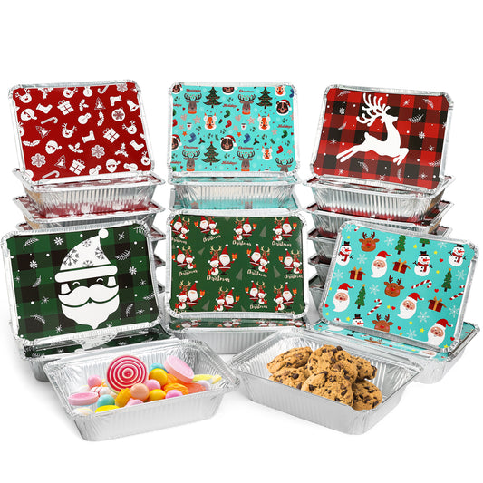 BYKITCHEN 30PCS Foil Trays with Lids for Christmas, 21x16x5cm Foil Food Containers with Lids, Tin Foil Trays, Disposable Foil Food Trays, Christmas Accessories for Baking/Roasting & Holiday Gifting