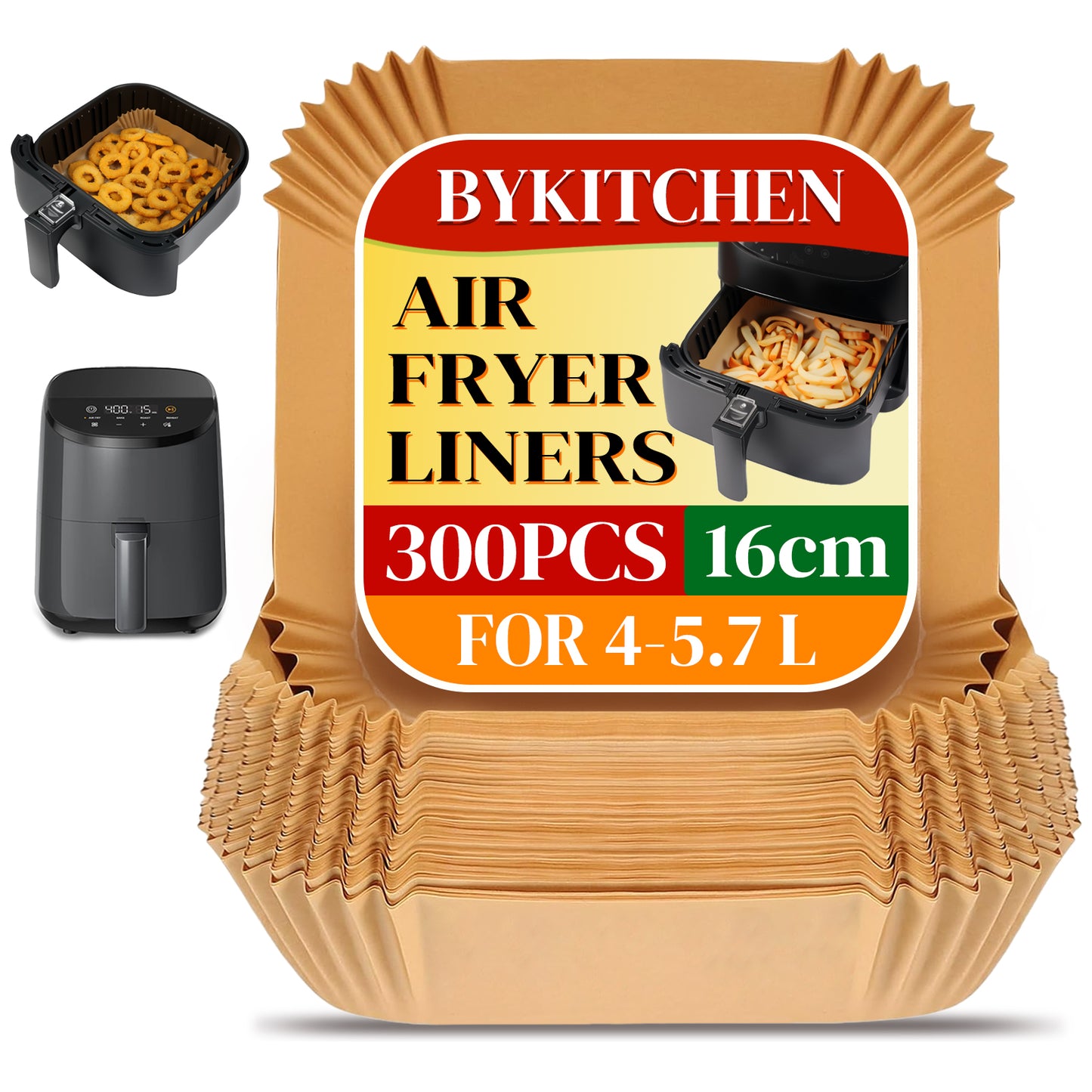 BYKITCHEN 300PCS Air Fryer Liners Square, Airfryer Liners Disposable, 8Inch Greaseproof Parchment Paper Inserts for Air Fryer Baskets, Accessories for Chefman, Russell, Tefal 4L-5.7L (Inner 6.5Inch)