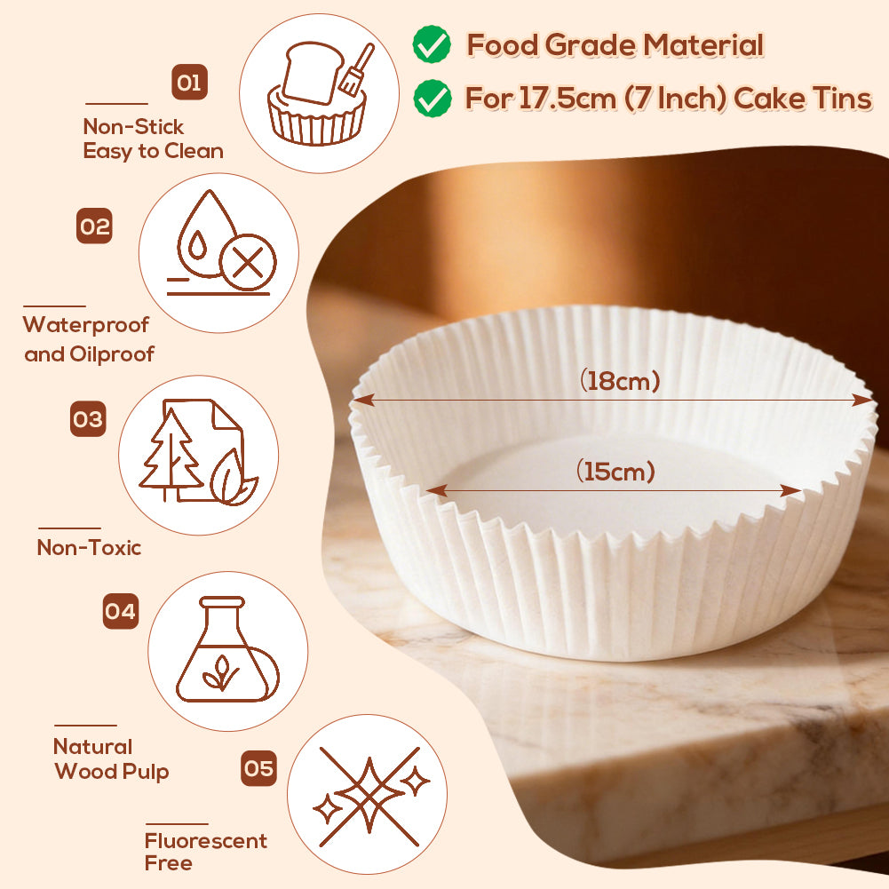 BYKITCHEN 18cm Cake Tin Liners, for 6 Inch & 7 Inch Small Cake Tin & Round Baking Mould, Greaseproof Parchment Paper Liner, Disposable Non-Stick Baking Parchment Paper for Air Fryer (Inner 15cm)