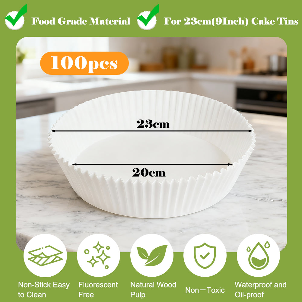 BYKITCHEN Round Cake Tin Liners 9 Inch for 23cm Springform Cake Tins & Baking Pan, Greaseproof Parchment Paper Liner, Disposable Non-Stick Baking Parchment Paper for Air Fryer